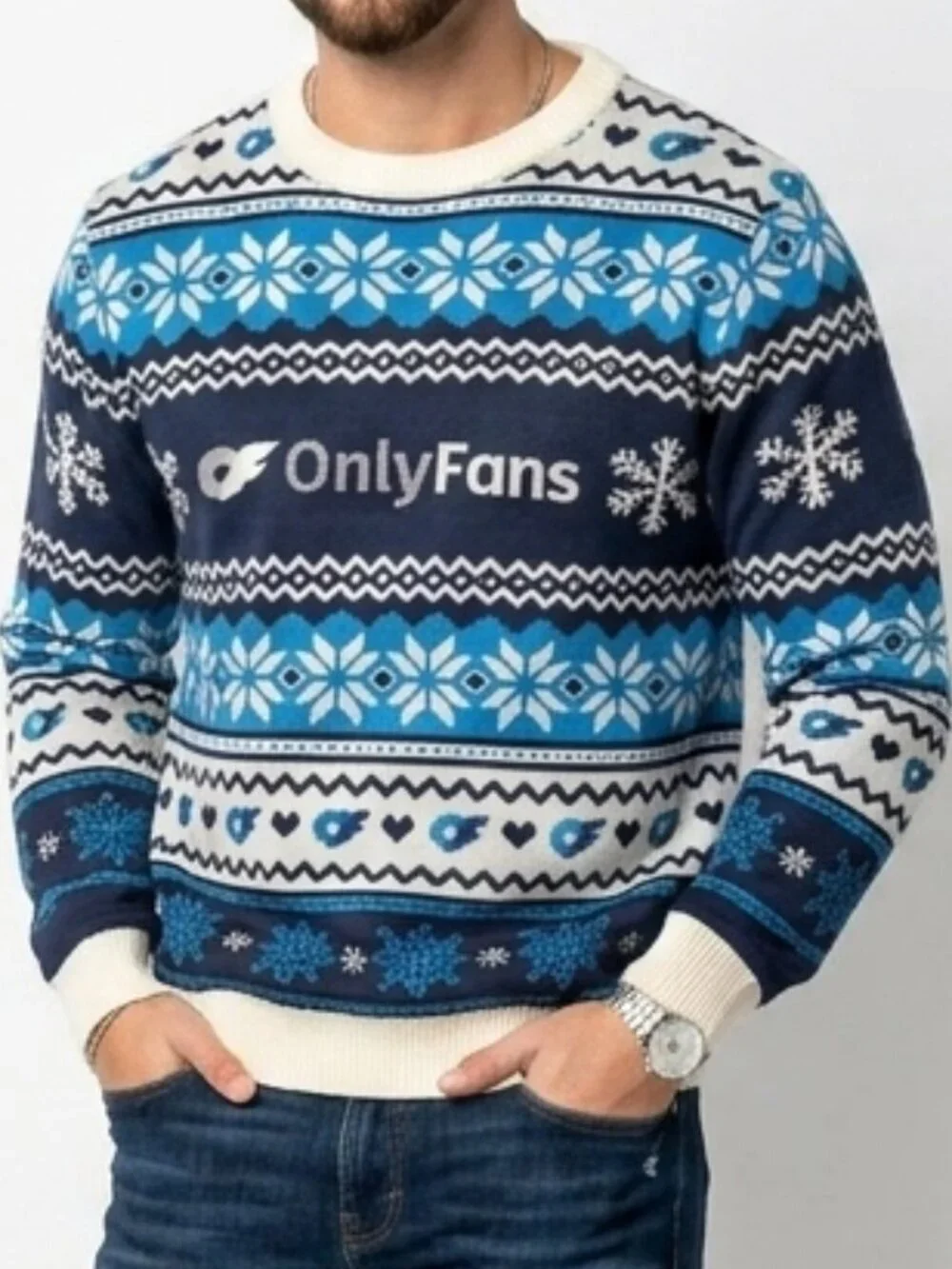 ONLY FANS Festive Holiday Scandinavian Snowflake Sweater Blue White